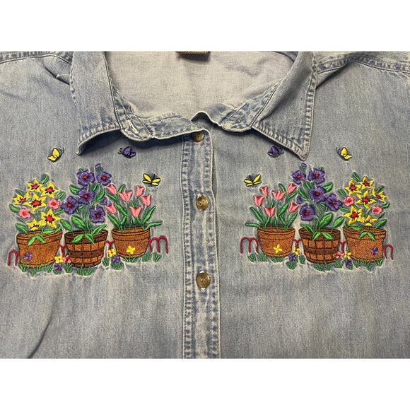 Just My Size Denim Flowers Plants Floral Embroidered Button Down Top Size 22/24 - Picture 2 of 8